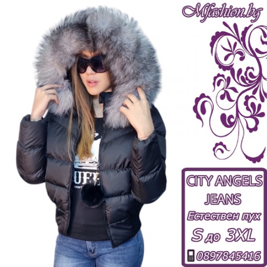 Дамско яке с естествен пух, City Angels Jeans, Черно, 6855
